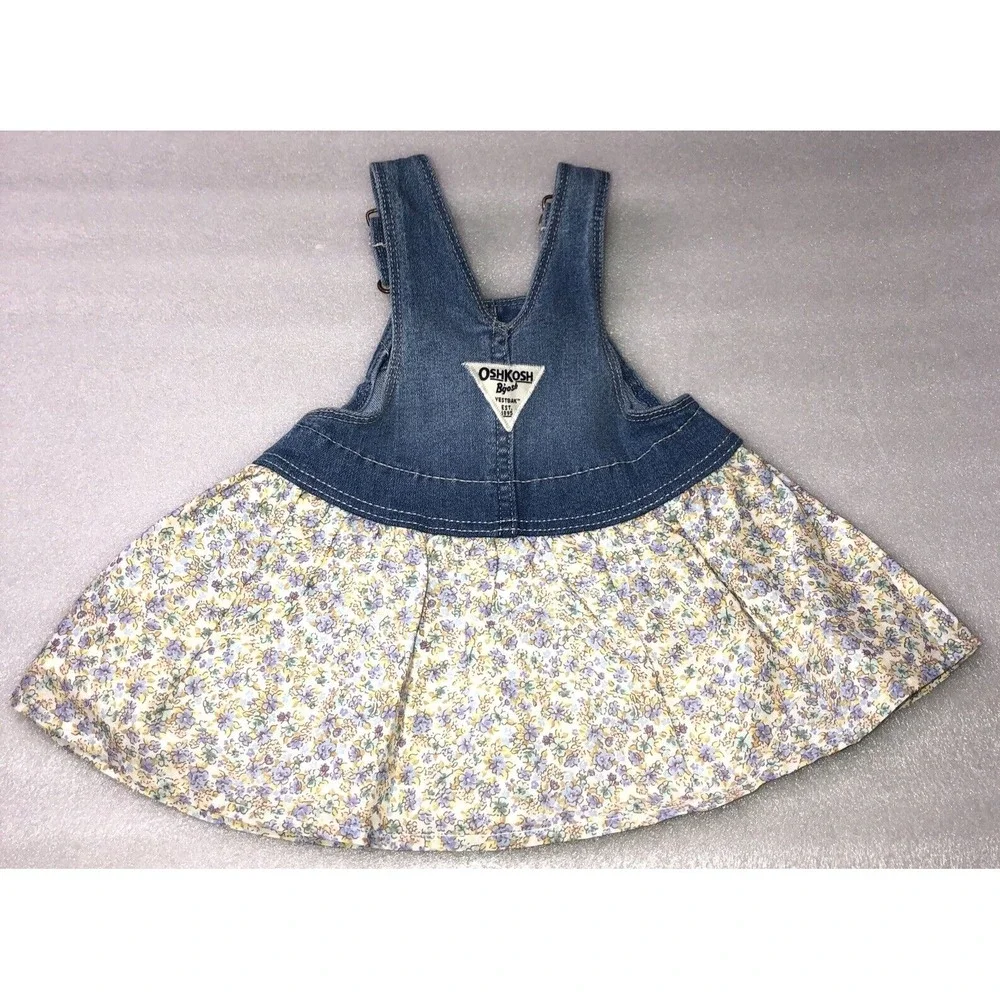 Oshkosh Baby Girl Floral Print Denim Jumper Overall Dress Size 6‎ Months NEW